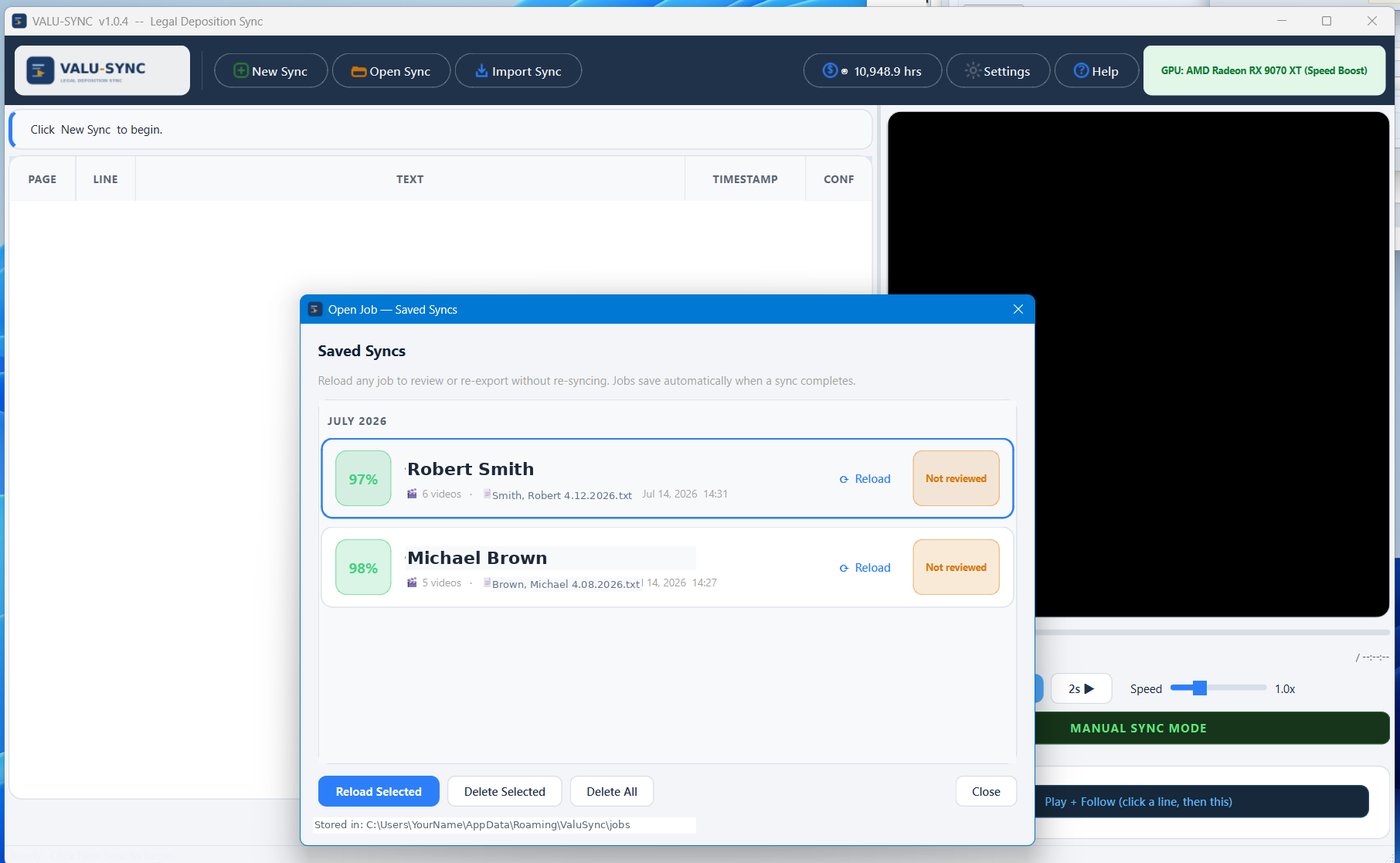 VALU-SYNC saved jobs list showing batch syncs with accuracy scores